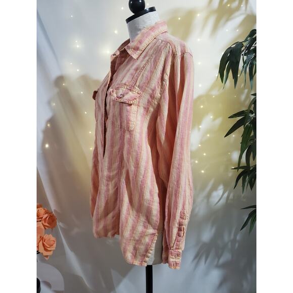 Chicos Vtg Linen Striped Snap Shirt Womens Size 3 US XL 16 Beach Sunset Orange - Picture 4 of 10